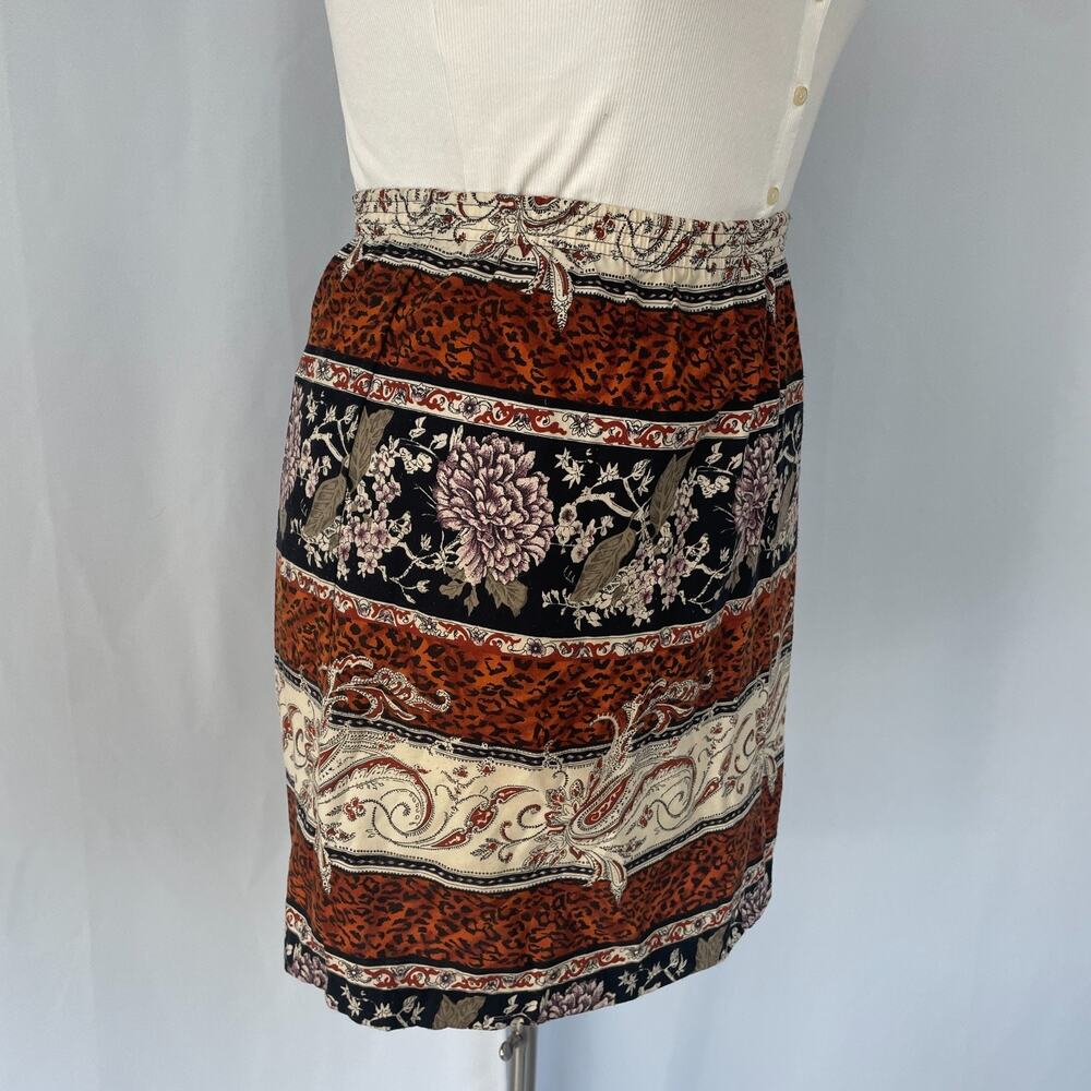 Vintage Mini Skirt Size 14 Black Brown Mix Print Cheetah Floral Boho Pull On 90s - Picture 5 of 16
